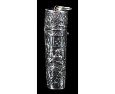 A Victorian silver needle case, of tapering circular form, with plain ring handle, the body heavily repoussé decorated with f