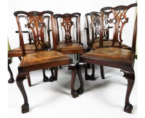 A set of eight (6+2) 19thC mahogany Chippendale design dining chairs, each with carved cresting rails, inverted pierced back 