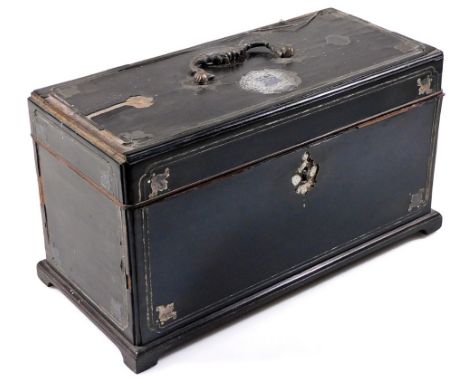 An early 19thC ebonised and metal tea caddy, of rectangular form, with swing handle, set with white metal panels with elabora