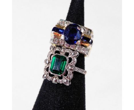 Two dress rings, comprising a marcasite and green paste stone set ring, in white metal setting, on yellow metal band, unmarke