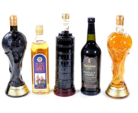 Various Italian Jules Rimet World Cup glass wine decanters with contents, 75cl, another similar, a bottle of Scotch Guards 35