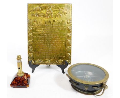 A brass and glass cigar cutter, with lighthouse style top, 14cm H, a brass plaque A Psalm of David and a ship's compass of ci