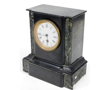 A Victorian slate and marble mantel clock, with shaped breakfront case, 10cm Dia. Roman numeric dial and pendulum swung keywi