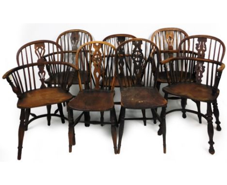 A harlequin set of seven yew and other 19thC Windsor chairs, to include Retford and Nottinghamshire, each low back, with two 