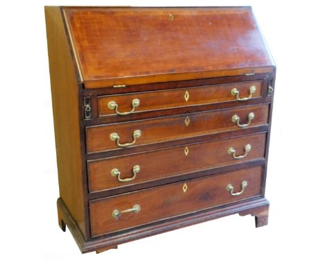 A George III mahogany bureau, the fall with diamond escutcheon and wide crossbanding, revealing a fitted interior above recta