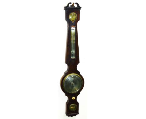 J Cavallini, Leicester.  An early 19thC mahogany four dial banjo barometer, in a broken swan neck pedimented hood, with shape