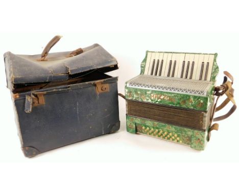 A mid 20thC piano accordion,  of small proportion, in green marble finish with chrome type top, set with fifteen main keys, 3
