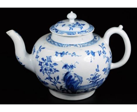 A Worcester porcelain punch pot and cover, c1756-58, painted in the Zig-Zag Fence pattern in blue and white, scratch and work
