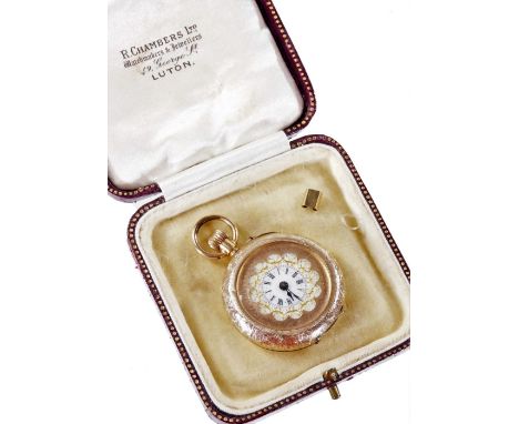 A ladies continental 14K fob watch, in an engine turned case with 3cm Dia. fancy dial with Roman numerals and hook top, with 