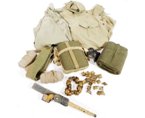 Various army related kit, water bottles, brass buttons, metal bayonet with scabbard, 26cm W, other army related shirts, khaki