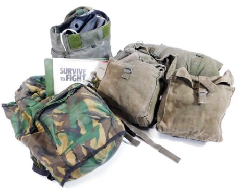 Various army, army camouflage and other related kit bags, sacks, 30cm H, kidney pouches, suit and holder, water bottle holder