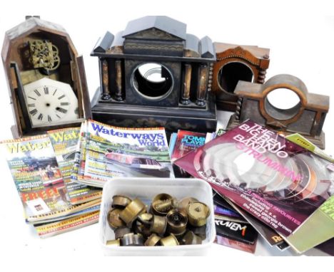 Various clock works, clock parts, etc.  a Victorian classical slate mantel clock case, 31cm H, various brass barrels, oak cas