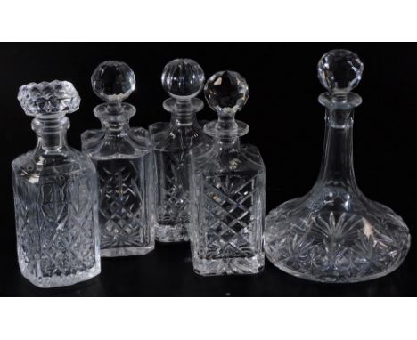 A 20thC crystal ship's decanter, with orb stopper and repeat floral pattern body, in the manner of Waterford but unmarked, 32