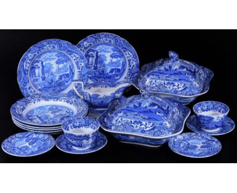 Various Copeland Spode Italian pattern blue and white dinner ware, to include lidded tureens, 25cm W, plates, gravy boat, sid