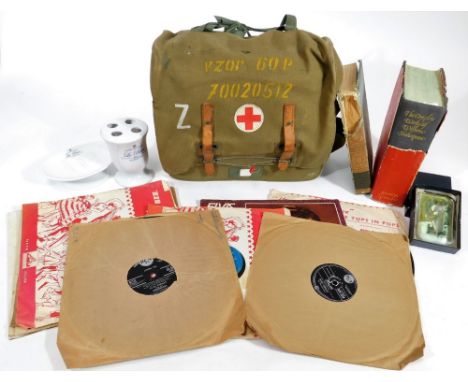 Various LPs, records, etc., a Red Cross army satchel in khaki stamped with number, with contents, 30cm W,  various other bygo