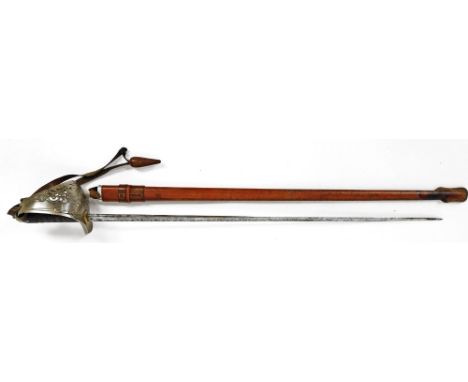 An officer's sword, with turned grip, plain blade, brown leather scabbard and pierced basket hilt, with compressed orb pommel