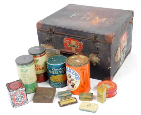 Various tins, packaging, advertising, etc. a early 20thC pressed leather case, of square form with various package room, Hote