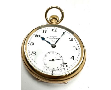 Vintage gold plated open face Record dreadnought pocket watch balance spins does not wind
