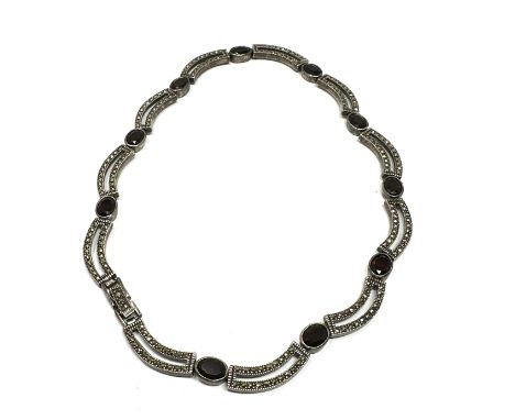 Vintage silver garnet &amp; marcasite panel necklace weight 50g