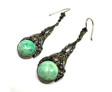 Vintage silver marcasite &amp; jade drop earrings measure approx 4.7cm drop