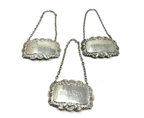 3 vintage silver wine labels whisky sherry brandy