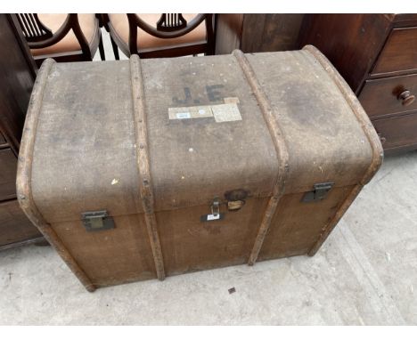 A 19TH CENTURY TRAVELLING TRUNK BEARING INITIALS J.E., 37 X 24 X 27" HIGH 