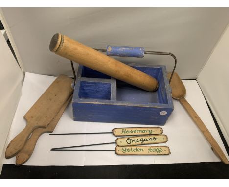 A VINTAGE WOODEN PAINTED WORK BOX WITH BUTTER PATS, ROLLING PIN AND LADEL ALONG WITH THREE METAL HERB LABELS 