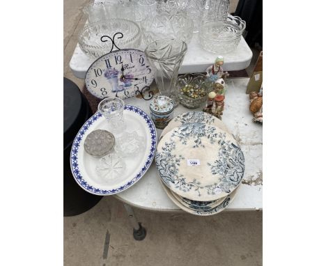 AN ASSORTMENT OF GLASS AND CERAMIC WARE TO INCLUDE PLATES, VASES AND FIGURES ETC 