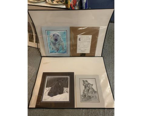 THREE MOUNTED PRINTS BY ARTIST LISA ANN WATKINS - TWO OF 'WILLIE - IN THE BLUE' AND ONE OF 'MAX' IN LARGE ART FOLDERS WITH A 