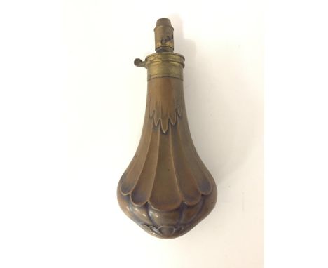 A COPPER AND BRASS POWDER FLASK BY JAMES BARLOW AND CO BIRMINGHAM 