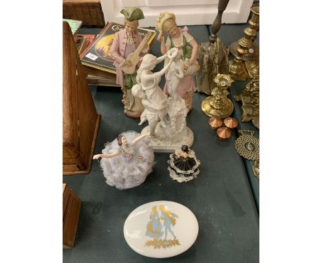 A COLLECTION OF FIGURINES TO INCLUDE A PAIR OF REGENCY STYLE AND A TRINKET BOX 