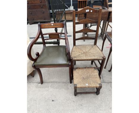 A LANCASHIRE STYLE LADDER BACK RUSH SEATED DINING CHAIR, A RUSH SEATED STOOL AND A REGENCY STYLE EBLOW CHAIR 
