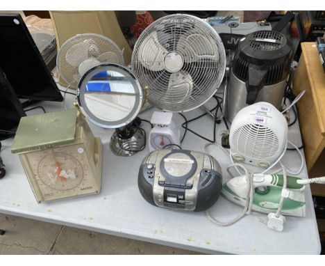 AN ASSORTMENT OF ITEMS TO INCLUDE FANS, SCALES AND IRONS ETC 
