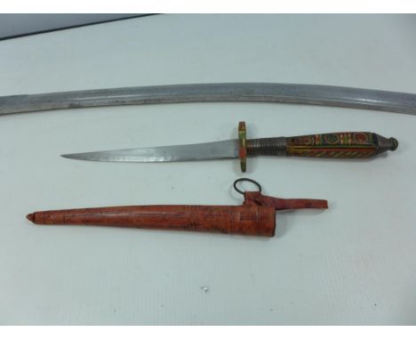 A NATIVE KNIFE, 17.5CM BLADE, LEATHER SCABBARD AND AN 83CM SWORD BLADE 