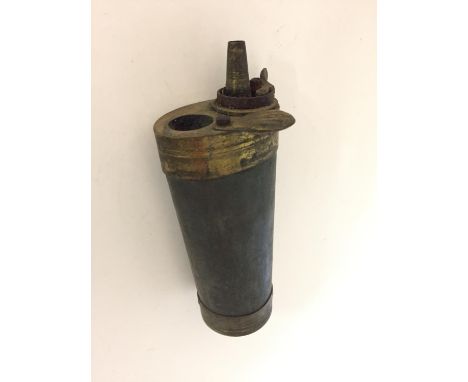 A METAL AND BRASS POWDER FLASK WITH STORAGE SECTION 