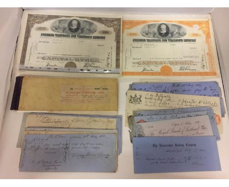 A QUANTITY OF BANKERS DRAUGHTS, CHEQUE STUBS 1860'S - 1910 AND TWO SHARE CERIFICATES NEW YORK 1969 AND 1970 