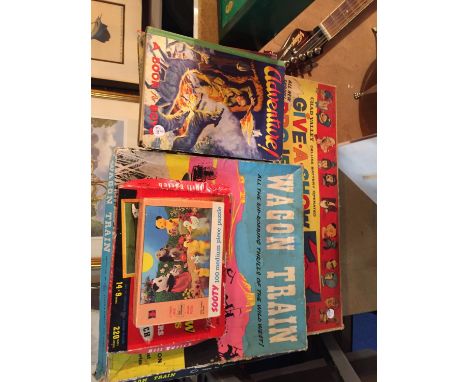 VINTAGE GAMES, BOOKS AND JIGSAWS TO INCLUDE GIVE A SHOW PROJECTOR, WAGON TRAIN ETC 