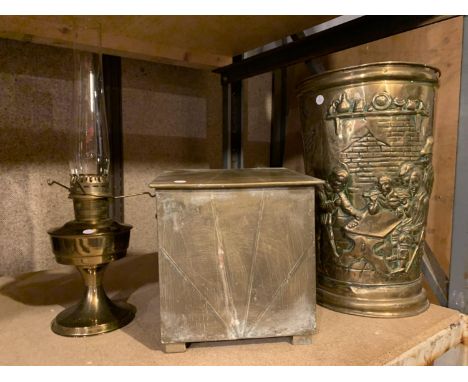 A BRASS OIL LAMP, COAL BOX AND UMBRELLA/STICK STAND 