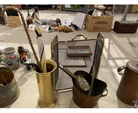 AN ASSORTMENT OF ITEMS TO INCLUDE A SET OF BELOWS, A COAL BUCKET AND A STICK STAND ETC 