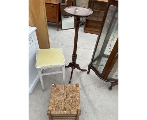 A MAHOGANY PLANT STAND ON TRIPOD BASE AND TWO STOOLS 