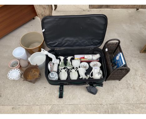 AN ASSORTMENT OF ITEMS TO INCLUDE A SUITCASE, CAST IRON COULDRON AND CERAMIC FIGURES ETC 