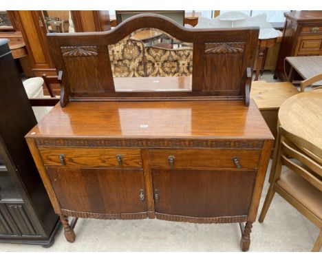 AN EARLY 20TH CENTURY OAK MIRROR-BACK SIDEBOARD ON BARLEY-TWIST LEGS 48" WIDE 