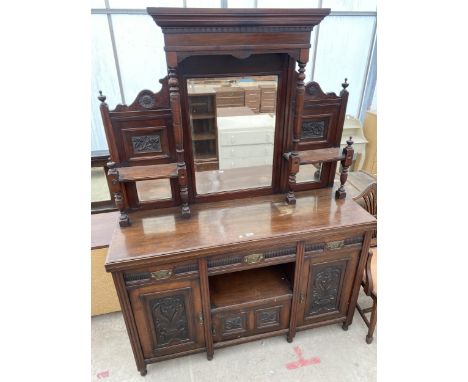 A LATE VICTORIAN MIRROR-BACK SIDEBOARD WITH CARVED DOORS TO THE BASE, BRASS HANDLES AND BEVEL GLASS, 60" WIDE 
