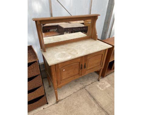 A VICTORIAN SATINWOOD MARBLE TOP WASHSTAND WITH MIRROR-BACK, 42" WIDE 