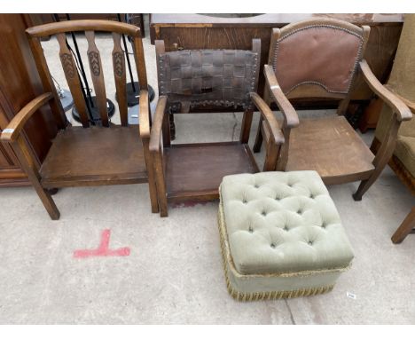 THREE LOW FIRESIDE CHAIRS AND A MODERN SQUARE POUFFE 