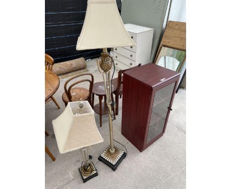 A STANDARD LAMP, TABLE LAMP AND STEREO CABINET 