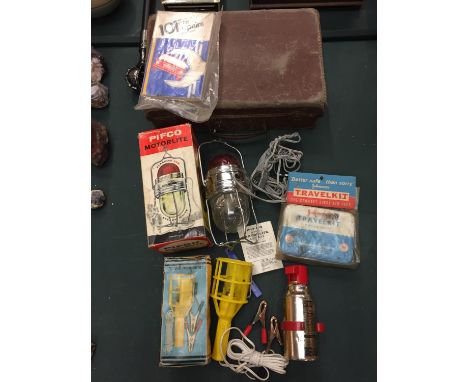 A MIXED COLLECTION TO INCLUDE A PIFCO MOTORLITE LAMP, VONTAGE JOHNSONS TRAVEL KIT TIN , 101 CAR REPAIRS BOOKLET , SMALL LEATH
