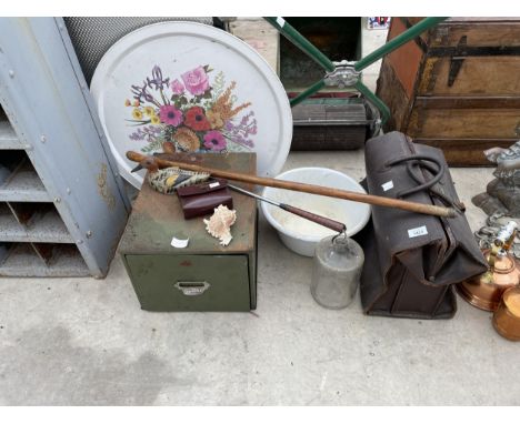 AN ASSORTMENT OF VINTAGE ITEMS TO INCLUDE A BRIEFCASE, SHOE SHINE KIT AND WALKING STICK ETC 
