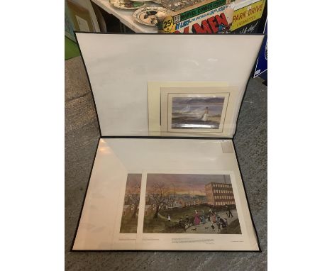 TWO PRINTS OF 'FAMILY IN SPRING LANE' BY HELEN BRADLEY AND TWO SMALLER PRINTS MOUNTED IN LARGE ART FOLDERS 