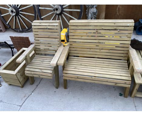 A WOODEN GARDEN FURNITURE SET TO INCLUDE A TWO SEATER BENCH, A CHAIR AND A PLANTER 